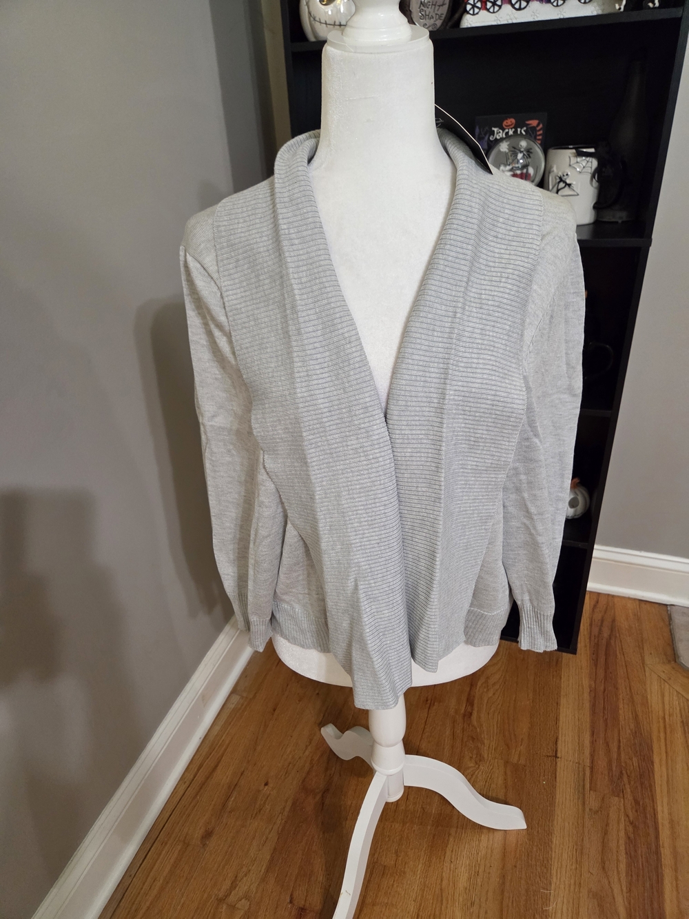 Women's Light Gray Open-Front Ribbed Shawl Collar Cardigan